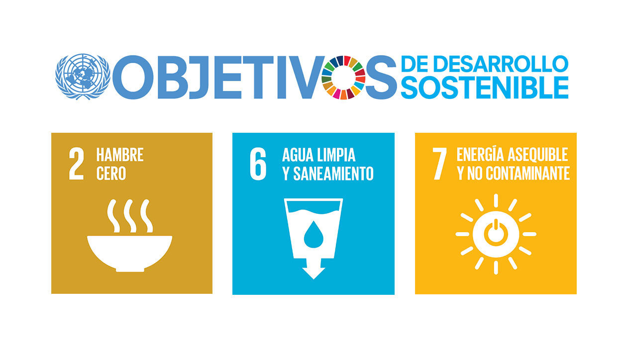 Logo Programa Objetivos de Desarrollo Sostenible - Objetivo 2: Hambre Cero - Objetivo 6: Agua Limpia - Objetivo 7: Energía Asequible y no Contaminante