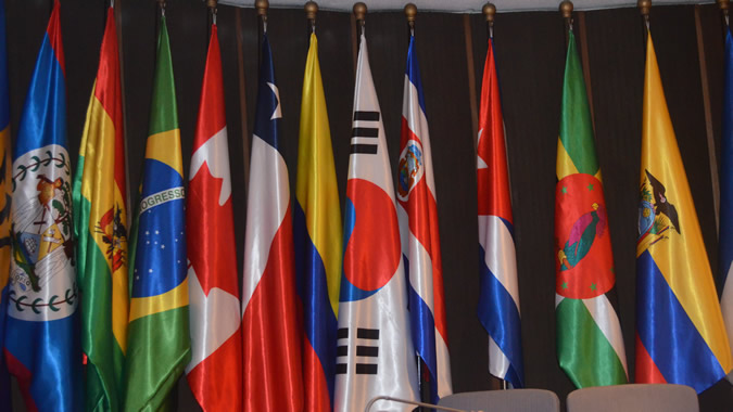 Photo of the Korean flag among other flags of Latin American countries