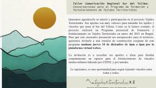 Taller de comunicación regional "Imaginando nuevos tejidos territoriales para el Sur del Tolima"