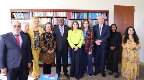 From left to right: Jeffrey Lizardo, Vice Minister of Economy, Planning and Development of the Dominican Republic; Jean Todt, Special Envoy of the United Nations Secretary-General for Road Safety; Tatiana Molcean, Executive Secretary of UNECE; Armida Salsiah Alisjahbana, Executive Secretary of ESCAP; Claver Gatete, Executive Secretary of ECA; Paula Narváez, Permanent Representative of Chile; Rola Dashti, Executive Secretary of ESCWA; José Manuel Salazar-Xirinachs, Executive Secretary of ECLAC; Thilmeeza Hussain, Director of RCNYO; and Rosario Diaz Garavito, Founder of the Millennials Movement.