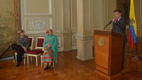 Juan Manuel Santos, Presidente de Colombia, junto a Amina Mohammed y Alicia Bárcena.