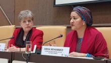 Amina Mohammed, Vicesecretaria General de las Naciones Unidas (derecha), junto a Alicia Bárcena, Secretaria Ejecutiva de la CEPAL